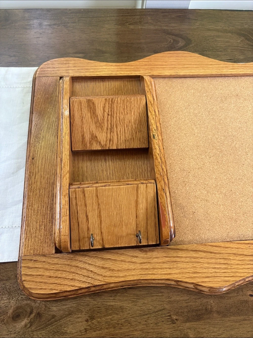 Vintage Oak Wood Wall Organizer with Cork Board, Mail Slots, and Key Hooks 22x16